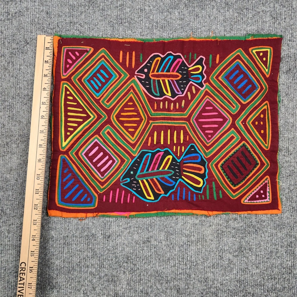 Vintage Panama Mola Textile Art Handmade Fish Geometric Reverse Applique 16x12.5 - Picture 3 of 4